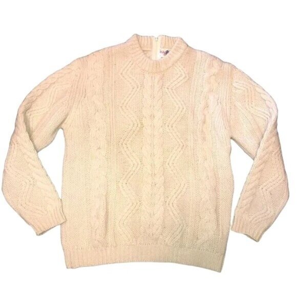 VINTAGE OFF WHITE CABLE KNIT SWEATER SZ L100% VIRGIN WOOL BACK ZIP HIGH NECK - Picture 1 of 4